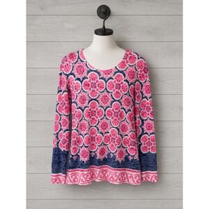 Before + Again Sundance Thermal Waffle Knit Tee Top Pink Blue Medallion Large